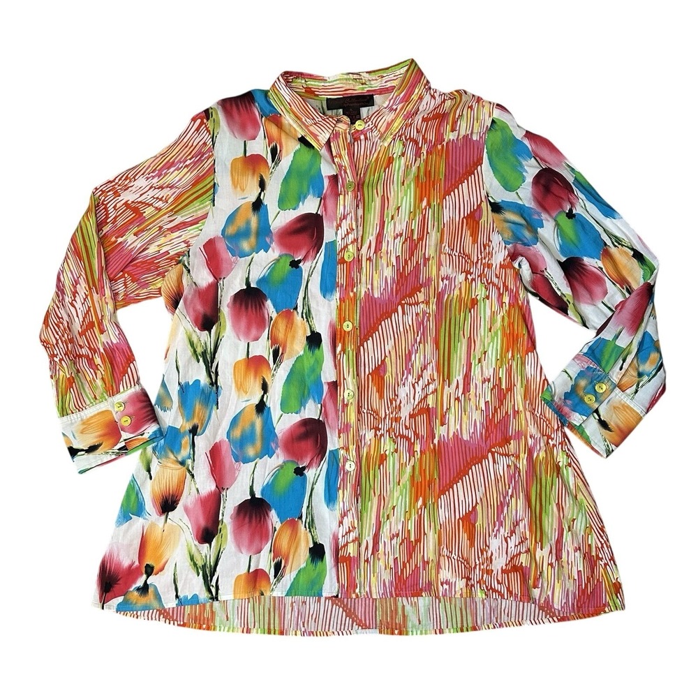 Women's VTG SIZE XL Wearable Art Watercolor Floral Boho Button Up Tunic Colorful
